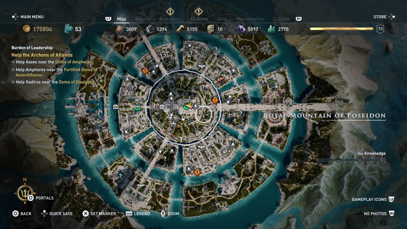 The DLC”s map consists of three regions set in concentric circles. Note the Isu knowledge meter in the lower right.